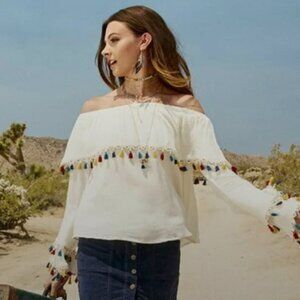 Altar'd State Off the Shoulder Tassel Boho Blouse - Size L